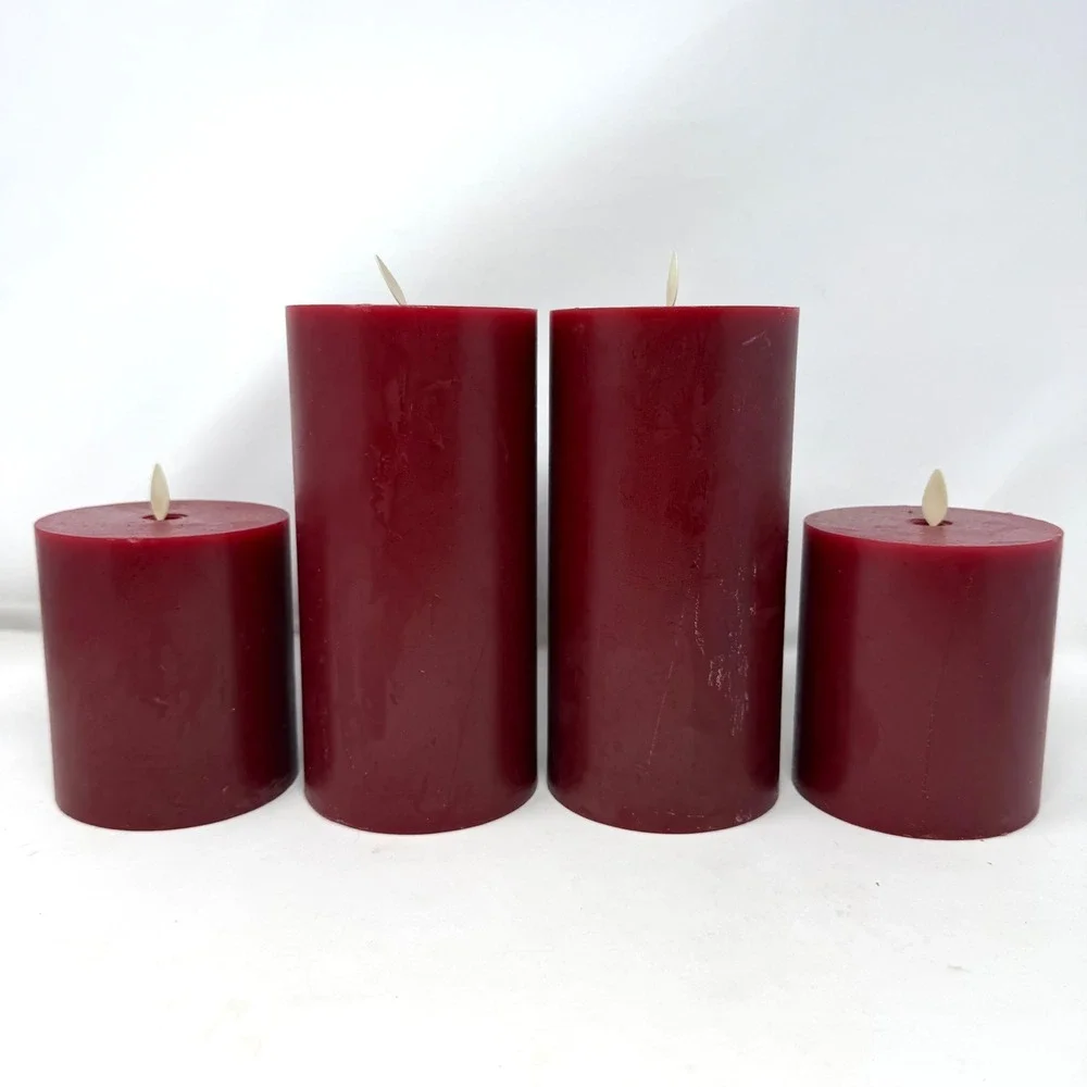 Pottery Barn L&L Candle Co Dark Red Flameless Pillar Candle Set of 4 Timerr